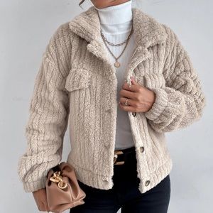 Drop Shoulder Button Front Flannel Jacket in Apricot